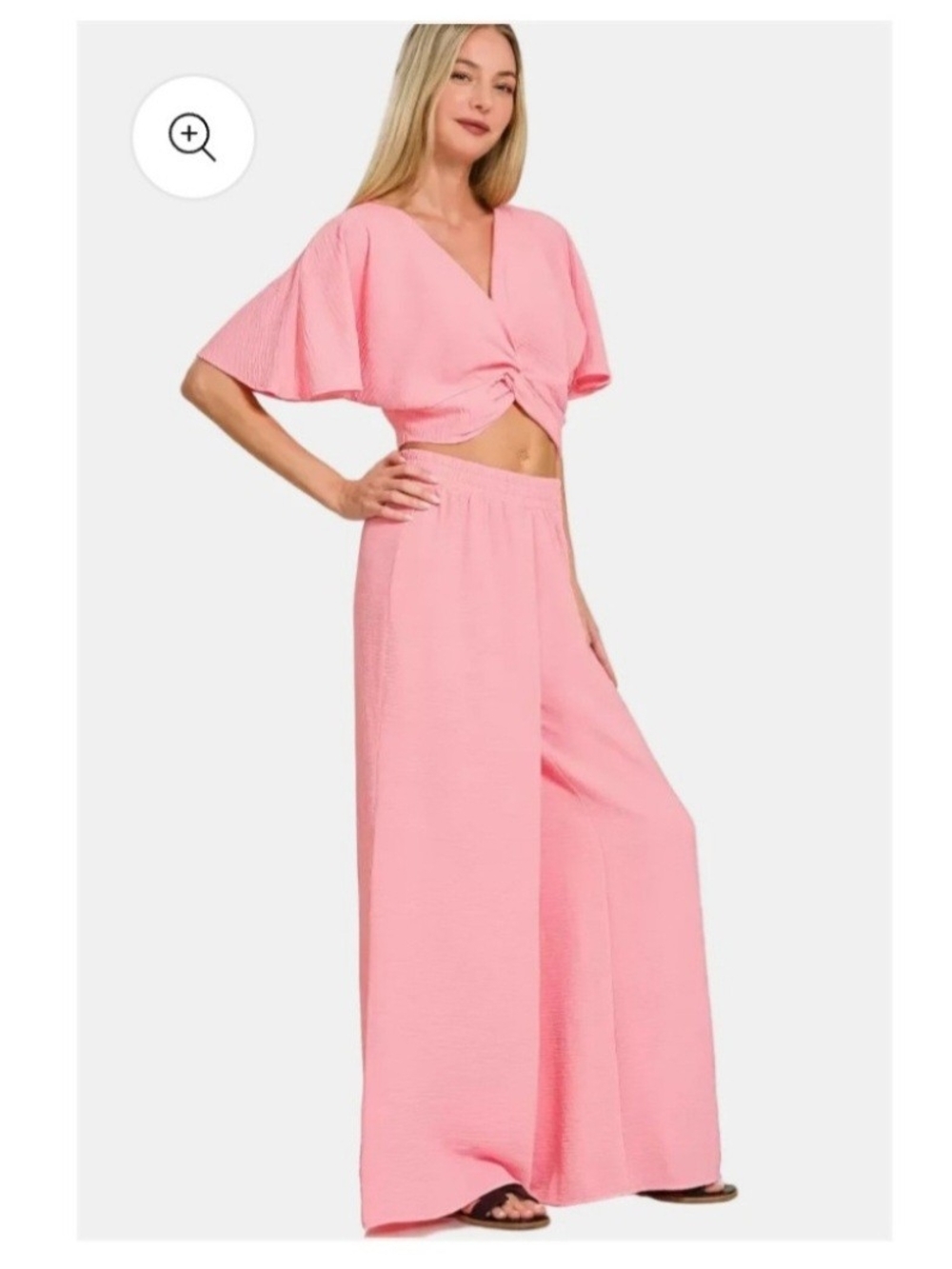 Zenana 2pc Wide-Leg Pink Cropped Top with Twist Front